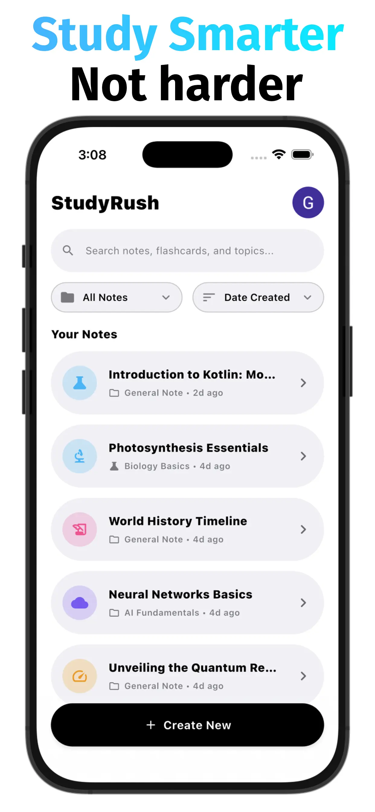 StudyRush home screen with a list of lessons