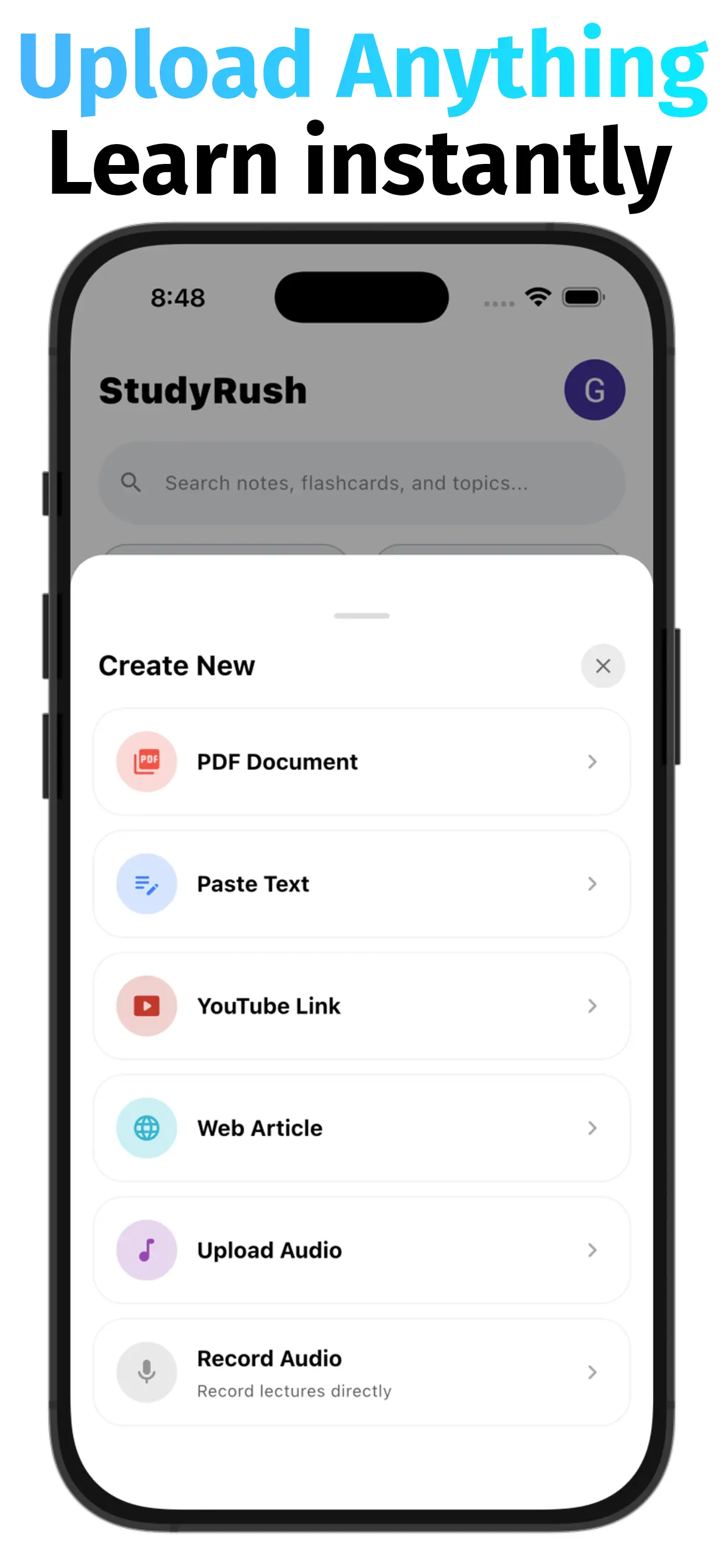 StudyRush source material picker with PDF, text, YouTube, web, audio, and blog inputs